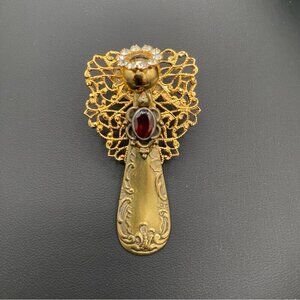 Artisan Heavenly Angel Pin Made of Vintage Spoon and Real Garnet Centre